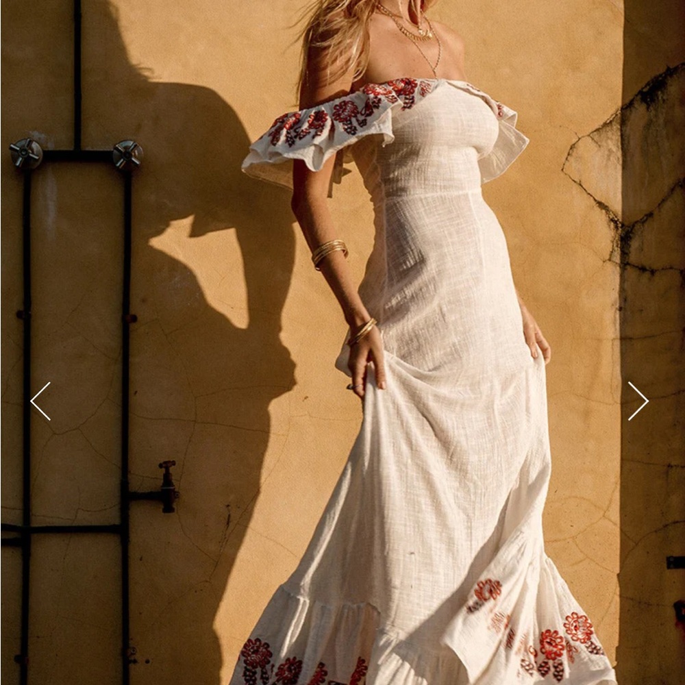Chasing Unicorns Strapless White Dress with Red Floral Details